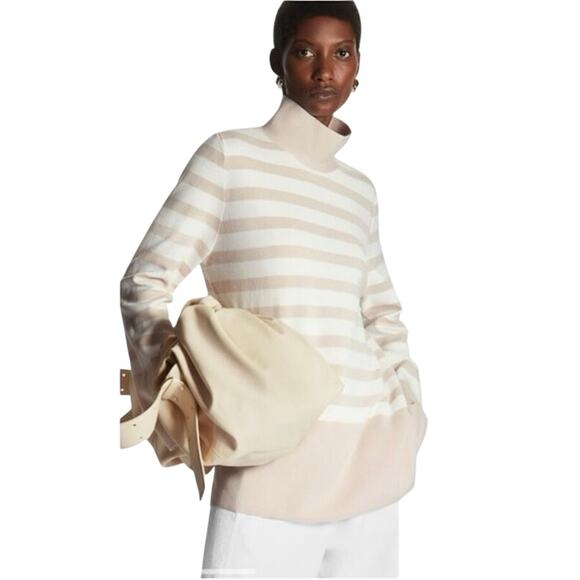 COS Sweater Women's Large Funnel Neck Pullover Sweater Striped Beige Cream - Picture 1 of 10